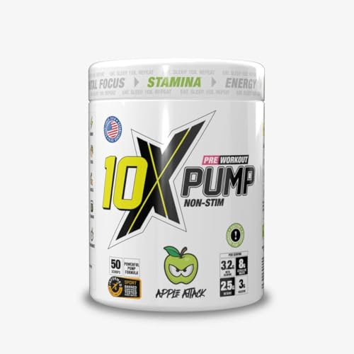 10X Athletic Non Stim Pre Workout Pump No Caffeine Beta Alanine Creatine Sugar Free Vegan Low Calorie Various Flavours 600g 25/50 Servings (Apple)