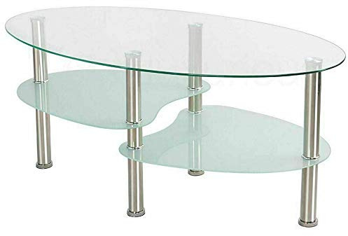 HUOLE Couchtisch Glas oval mit Zwei Ablagen in Hochglanz - Beistelltisch/Wohnzimmertisch,Couchtisch Glas mit 8mm Sicherheitsglas & Facettenschliff (90 * 50 * 43cm transparent+weiß)