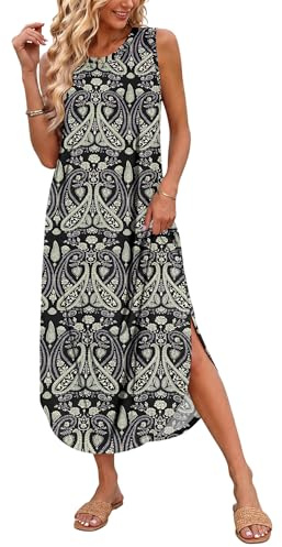AUSELILY Robe Longue Femme Ete sans Manches Robe de Plage Maxi Casual Femme Longue avec Poches Boho Fleuri Noir1 XXL