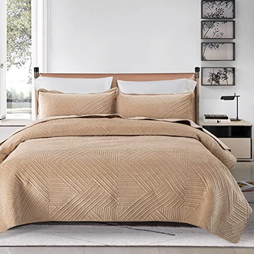 XIUWOUG Tagesdecke 220X240 Mit Kissen Bezüge Bettüberwurf 3 Teilig Kristallsamt Steppdecke Wendedesign Bettdecke Stepp Decke Weich & Komfort Sofaüberwurf Für Schlafzimmer,Beige,220x240