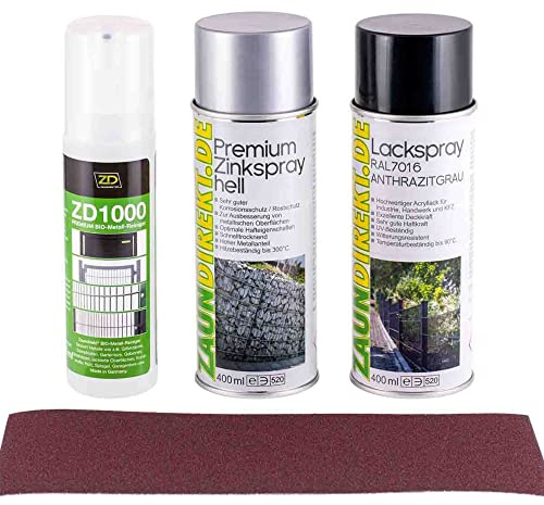 Reparaturset für Metall RAL 7016 Anthrazit mit Lackspray & Zinkspray | Korrosions- & Rostschutz | Schleifpapier Körnung 320 | 4-teiliges Set