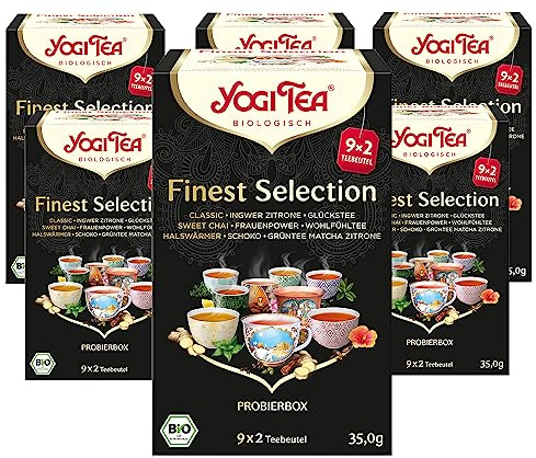 Yogi Tea Finest Selection, 18 Teebeutel | 9 Tees mit je 2 Teebeuteln, Classic, Ingwer-Zitrone, Glückstee, Sweet Chai, Frauen Power, Wohlfühl Tee, Halswärmer, Schoko