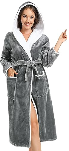vislivin Bademantel Damen mit Kapuze Flauschig Bademantel Lang Warm Morgenmantel Fleece Robe Women Dark Grey XL