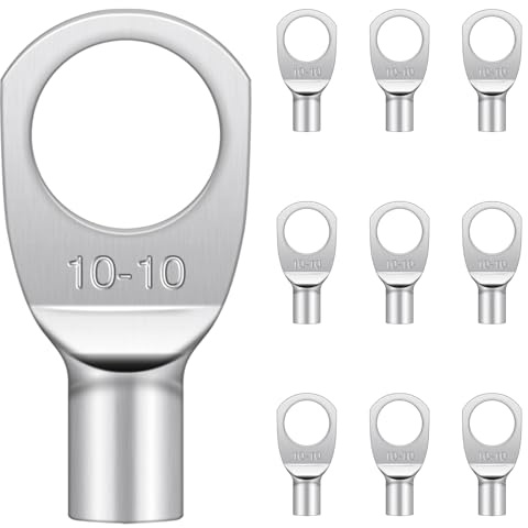 10 Pcs Cable Lugs M10, Hanibos SC10-10 Copper Tube Battery Cable Ends Lugs Battery Terminals Connectors Tinned Copper Crimp Lugs