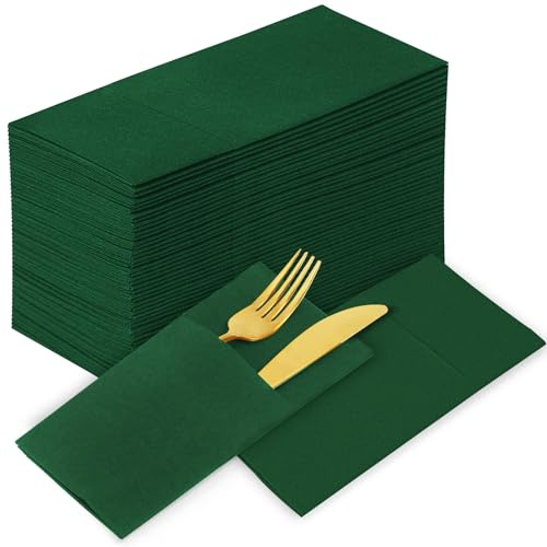 KAMMAK 100-pack engångstyg som mörkgröna middagsservetter medföljer, premium tjocka pappersservetter inbyggda i bestickficka, lång hand pappershandduk för fest jul bröllop badrum