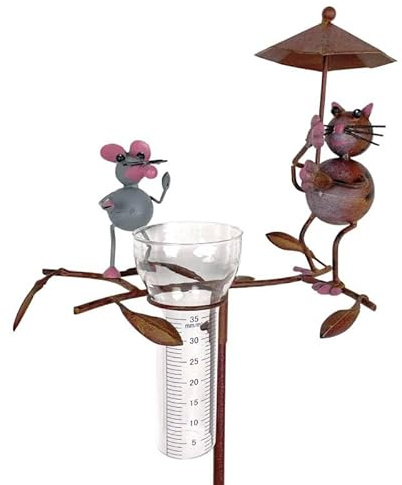 Pluviomètre à Piquer Tuteur Plante Décoration de Jardin Motif Chat et Souris en Métal Patiné Coloré et Tube en Verre 17x33x119cm