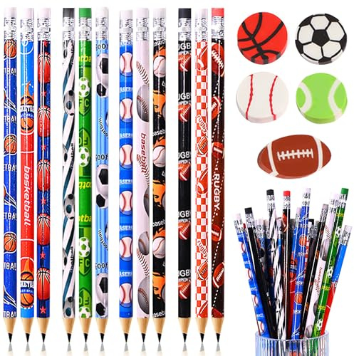 63 Piezas Lápices Deportivos con Borradores de Pelotas Deportivas, 48 piezas Lápices de madera Lápiz de dibujo HB con 15 piezas Borradores para Niños Papelería Escolar Recompensa estudiantil
