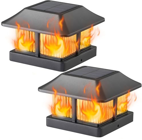 Dynaming Solar Flame Post Cap Lights Outdoor, Solar Powered Fence Post Light, Flickering Flame LED Lantern Lamps Waterproof for Garden Deck Patio, Fit 4x4 Wooden/Vinyl Posts, 2 Pack