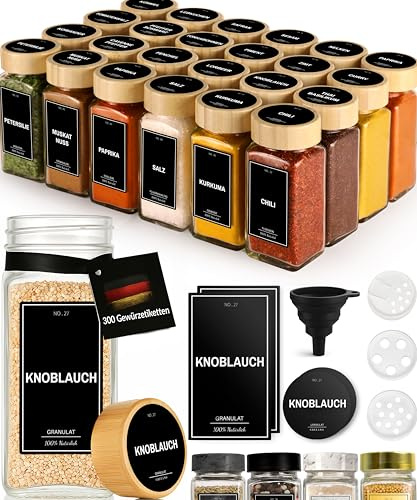 Greeano® Gewürzgläser Set mit Holzdeckel [24x 120ml] und 300 Gewürzetiketten [DE] - Gewürze Aufbewahrung mit Streueinsatz - Gewürzdosen Bambus - Gewürzbehälter Holz - Spice Jars Bambusdeckel