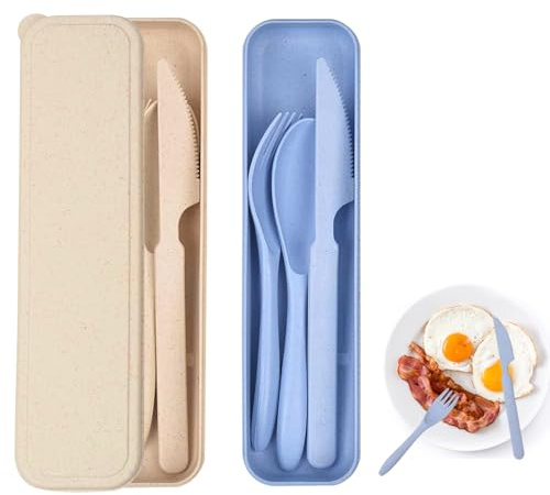 2 Pack Reusable Cutlery Set with Case - Beige & Blue Travel Fork Knife Spoon Set for Lunch Box, Camping, Picnic & Daily Use