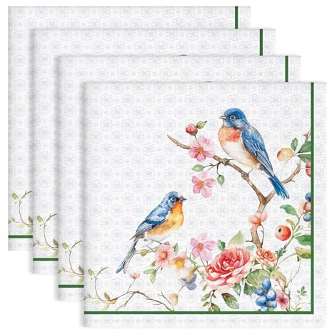 Arquiel Servietten Blumen Vogel 4er-Set, Stoffservietten 100% Baumwolle Weiches Hochwertige Wiederverwendbare Esstisch Servietten Perfekt für Hochzeiten Küche Haushalt Party(45×45cm)
