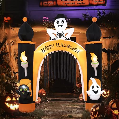Solpex Halloween Dekoration Haunted House Bogen aufblasbar, 240cm/8FT eingebaute weiße LEDs, gruseliger aufblasbarer Bogen für Halloween Party, Garten(Schwarz & Orange)