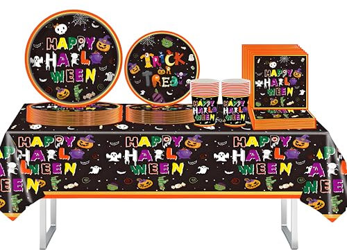 97 Pièces Vaisselle Jetable Halloween- Set Décoration sur le Thème Citrouille et Fantôme pour 24 Personnes inclut Serviettes Papier, Assiettes en Papier, Gobelets et Plastique Nappe de Table pour Fête