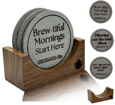 BEARANA Co. 51mm Espresso Puck Screens with Stand Set of 3┃Stainless Steel Coffee Filters Reusable┃Professional Barista Coffee Filters for 51mm Portafilter┃Wooden Holder Stand for 3 Puck Screens