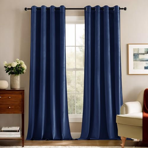 Deconovo Blickdichte Gardinen Vorhänge Blickdicht Gardine Samt Schlafzimmer Vorhang Wärmeisolierende, 180x140 cm(HöhexBreite), Dunkelblau, 2er Set