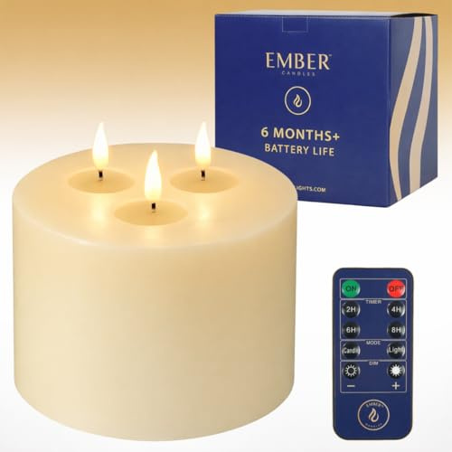 Ember Candles™ 13 cm x 15 cm Elfenbein Dreifach-Docht LED flackernde Akku-Kerze – 100% echtes Wachs, ultra-realistisch, flammenlos, handgegossen Design, 6-Stunden-Timer für sichere Innennutzung (mit