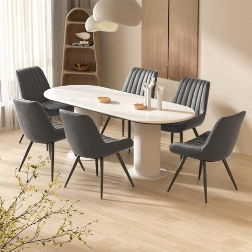 Hawthyhome Esszimmerstühle 6er Set | Polsterstühle mit 10 cm Sitzkissen • künstlicher Stoff Dining Chair • Küchenstuhl mit Rückenlehne • Moderne Sessel • Metallbeine • Dunkelgrau