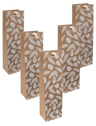 Sigel GT132 Presentpåse flaska – brun/vit – grankottar och grangrenar – med golvinsats och färgkoordinerade sidenbandhandtag – plast, brun kartong – 10 x 35 x 8 cm, 5 stycken