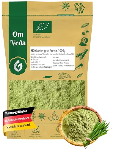 BIO Gerstengras Pulver | Rohkostqualität | 100% reines Gerstengraspulver | vegan, glutenfrei, laktosefrei | OmVeda (1000g)