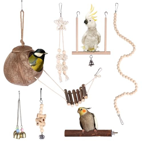 Miawtro 7er Set Holz Vogelspielzeug für Papageien, Wellensittiche & Finken, Hängende Leiter, Brücke & Schaukel mit Haken, Natürliches Holz, für Vogelkäfige
