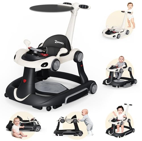 6 in 1 Foldable Baby Walker, Activity Baby Walker-Baby Bouncer, Rocker, Activity Center,Push Walker,Detachable Trampoline Mat, Adjustable Speed Rear Wheels and Height,Music & Lights,Ages 6-18 Months