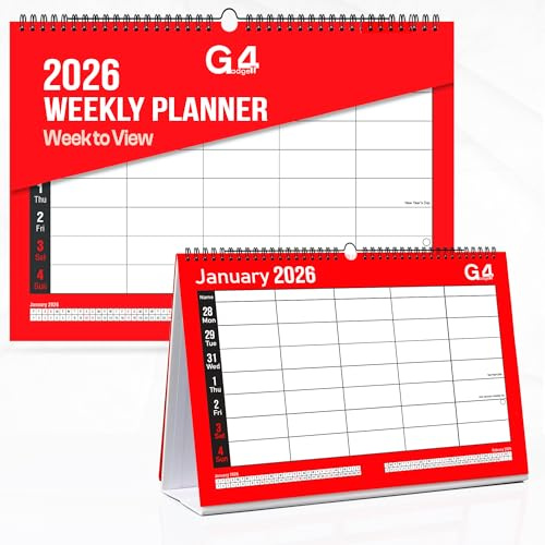 G4GADGET Agenda semanal 2026 con vista semanal para 5 personas – Calendario de pared y escritorio encuadernado en espiral, organizador familiar con vacaciones en el Reino Unido, planificador colgante