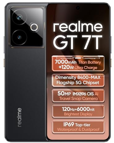 realme GT 7T 5G 12+256GB Smartphone, Azul IceSense, Pantalla de 6.8 Pulgadas, Refresco de 120Hz, Carga Rápida de 120W, Batería de 7000 Ah, Cámara IA de 58MP, Chipset MediaTek Dimensity 8400, IP68