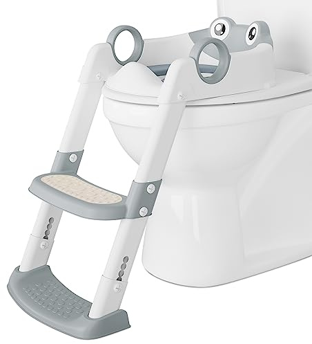Toilettensitz Kinder, Toilettentrainer mit faltbarer Treppe für Kinder, 2-in-1 WC Sitz mit PU Gepolsterter Treppe, Spritz- und Rutschfestes Klositz, 42-50cm für Kinder ab 1-7 jahre