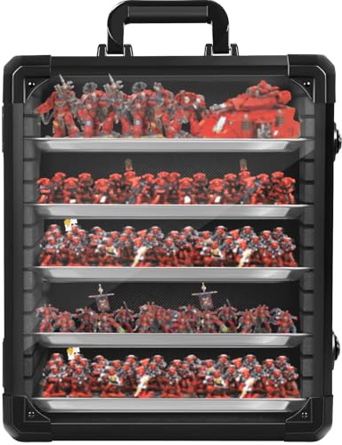 OUUTMEE Miniatures Storage Case, Miniatures Carry Case with Aluminium Alloy Frame, miniature Transport case with 5 Metal Trays, Lockable Box for Collectibles (Medium)