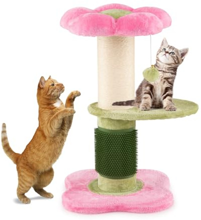 COSTWAY Kratzbaum Kratzsäule Klein, 69 cm, Dicker Stamm, Katzenbaum mit Plüschsitz, Sisal-Kratzpfosten, Selbstpflegebürste & Ball, Kletterbaum Katzenkratzbaum Blume, Katzen Katzenmöbel Indoor (Pink)