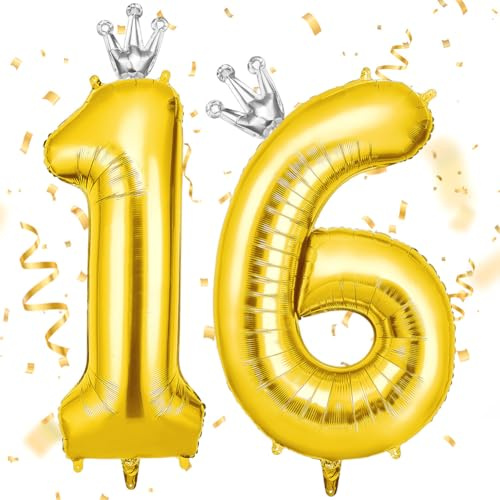 AOOSU Ballon d'Anniversaire 16 Ans Couronne Or, Foil Ballon Numéro Chiffre 101cm, Gonflable Hélium, Deco Anniversaire 16 Ans Grand Ballons pour Fête Party Mariage
