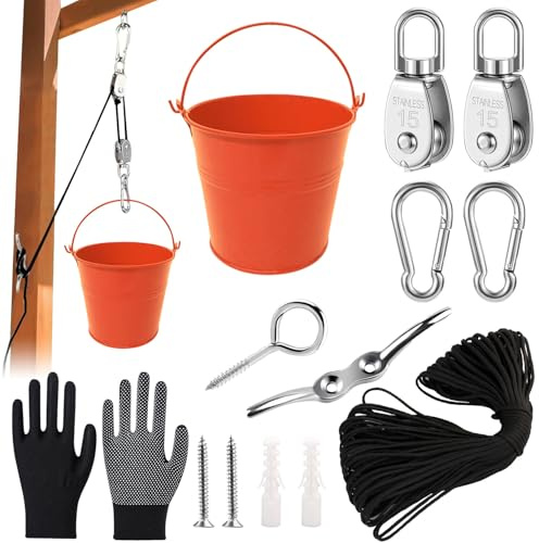Pulley with Metal Bucket, Play Tower Accessories, Accessories for Tree House Play Tower, Pulley with Bucket, Pulley System, Pulley with Bucket Cable, with Metal Bucket, Tree House Garden