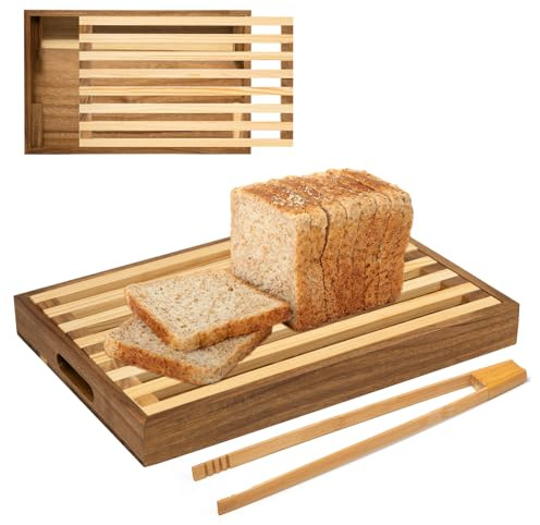 Pilikoll Tabla de Cortar Pan de Madera para Cocina con Bandeja Recogemigas, Pinzas de Madera Tabla Para Cortar Pan con Rejilla Extraíble Tabla Pan Madera Tabla para Cortar el Pan(36.5x24x4cm)