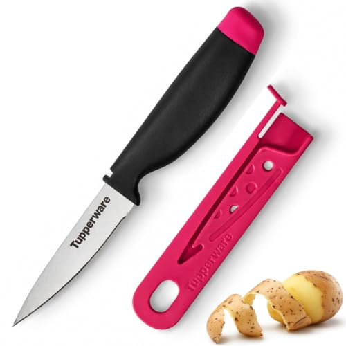 Tupperware Couteau à Éplucher avec Fourreau – Lame Acier Inoxydable Japonais 8 cm – Coupe Précise Fruits et Légumes – Manche Ergonomique et Étui Verrouillable Smart Lock – Ultra Tranchant