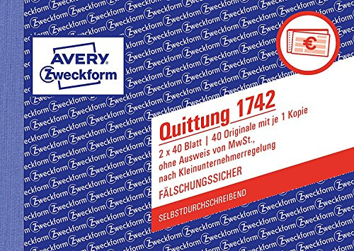 5er Multi-Pack Avery Zweckform 1742 Quittung Kleinunternehmer (A6 quer, selbstdurchschreibend, 2x40 Blatt) weiß/gelb