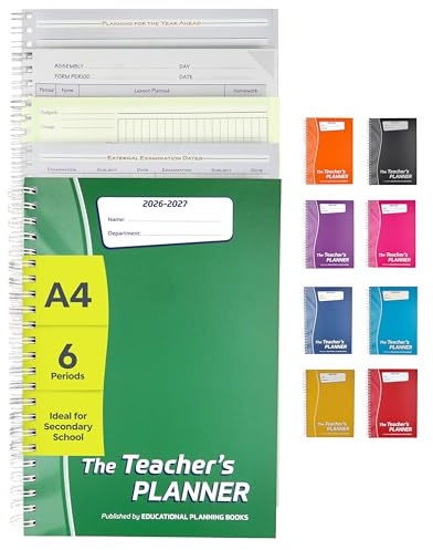 Educational Planning Books Teacher Planner 2026-2027 A4, 6 Period (TP3-G) | 290 undated page-a-day pages, year planning, exams and marking sections, anti-scuff hardback, wiro bound