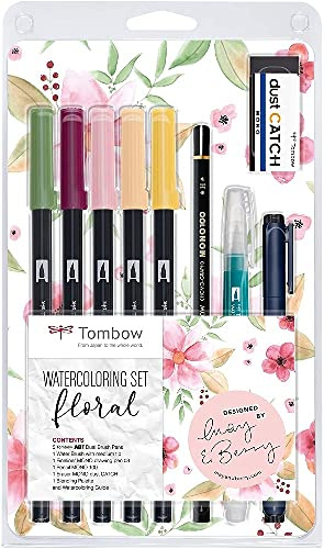 Tombow - Set Lettering Floral | Set de Dibujo Acuarela con Pincel de Agua, Lápiz, Goma de Borrar, Paleta Lavable y Rotuladores en Tonos Florales