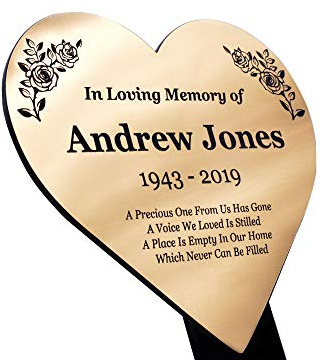 Personalised Metallic Heart Memorial Plaque Stake - Grave Marker Outdoor Garden Waterproof available in Silver/Gold/Copper (Gold)
