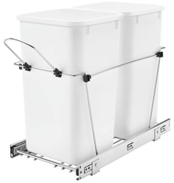 Rev-A-Shelf Pullout Trash Can for Under Kitchen Cabinets 27 Qt Garbage Waste Recycling Bin with Full Extension Slides, White, RV-15KD-11C S