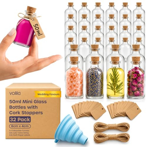 volila Small Glass Bottles - (32 Pack) 50ml with Corks, Funnel & Customisable Craft Labels for Wedding Favours, Shots, Potion, Spell Jars