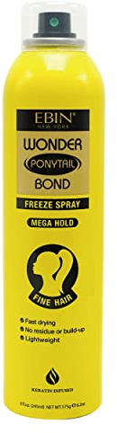 Wonder Lace Bond Spray gel pour queue de cheval 236,8 g – Tenue méga pour cheveux fins, résistant à l'humidité, séchage rapide, léger, finition sans écailles, idéal pour les queues de cheval élégantes