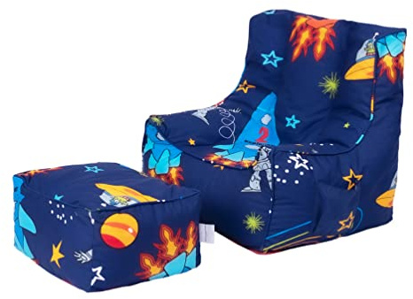 Ready Steady Bed Kinder Sitzsack mit Fußhocker |weicher und sicherer Sitz zum Spielen für Ihr Kind | Ergonomisch gestalteter Kleinkind Sessel | Comfy Kindermöbel (Weltraum Junge)