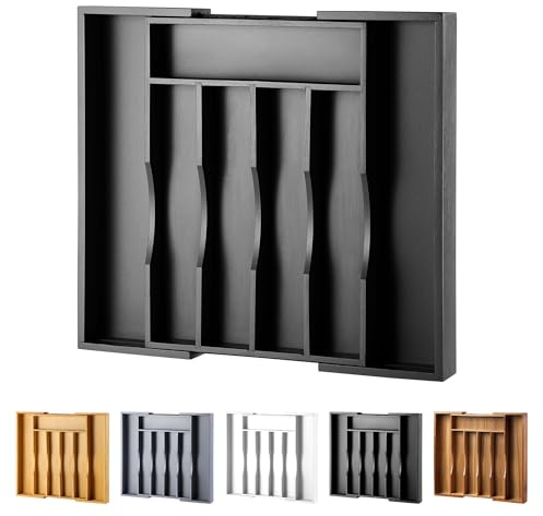 ORIDOM Organizzatore Cassetti, Organizer espandibile per cassetti da cucina in bambù per posate e utensili, vassoio regolabile in legno di bambù nel cassetto per posate in cucina, (nero)