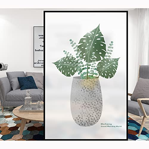 Siunwdiy Milchglasfolie Sonnenschutzfolie Fenster Innen Sichtschutzfolie Fenster Blickdicht von Außen Fensterfolie Blickdicht mit Grün Pflanze Motiv für Badezimmer Glastür,B,40x100cm(18x40)