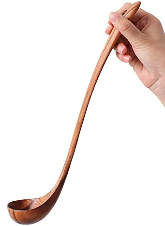 UPTALY 1 louche en bois à manche allongé (32 cm), cuillère de cuisine en bois de teck naturel, louche japonaise à long manche, pour batterie de cuisine antiadhésive