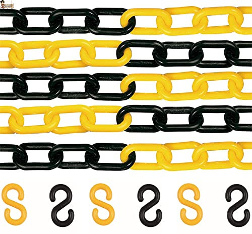 BricoLoco.com Chaîne en plastique maillons rouge et blanc signalisation crochets S inclus pour poteau, délimitation, balise, séparateur (10 mm, jaune noir, 25 mts+20 crochet)
