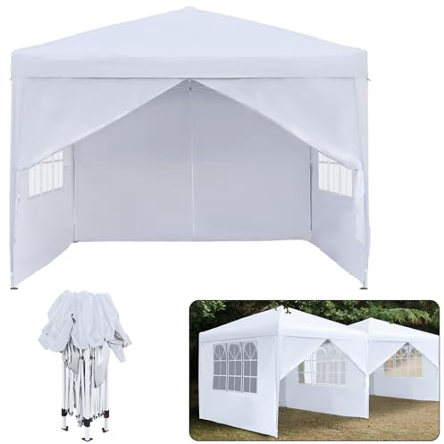 Froadp Paviljong 3 x 3 m vikbar paviljong festtält vattentätt med sidodelar och bärväska UV skydd, festtält, trädgårdstält för utomhus, picknick, fest, camping, vit