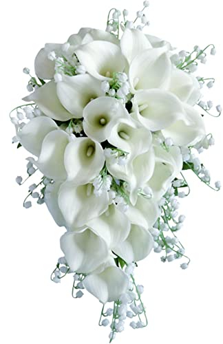 Fouriding Wedding Bouquet for Bride,Calla Lily Water Drop Waterfall Bridal Artificial Flowers Bouquet For Ceremony Anniversary Bridal Shower Party Wedding Decoration