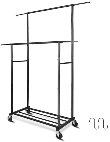 Fishat Stand Portable Black Double Rods Garment Clothes Rack with Rolling and Lockable Wheels Mobile, 48 W x 15 D x 67 H, Metal Simple Hanging Clothes with 2 Hook