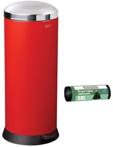 ROSSIGNOL Poubelle de cuisine à pédale et 10 sacs-poubelle. Capacité 30L, Fabrication française, Fermeture silencieuse, Seau intérieur amovible BOMBA
